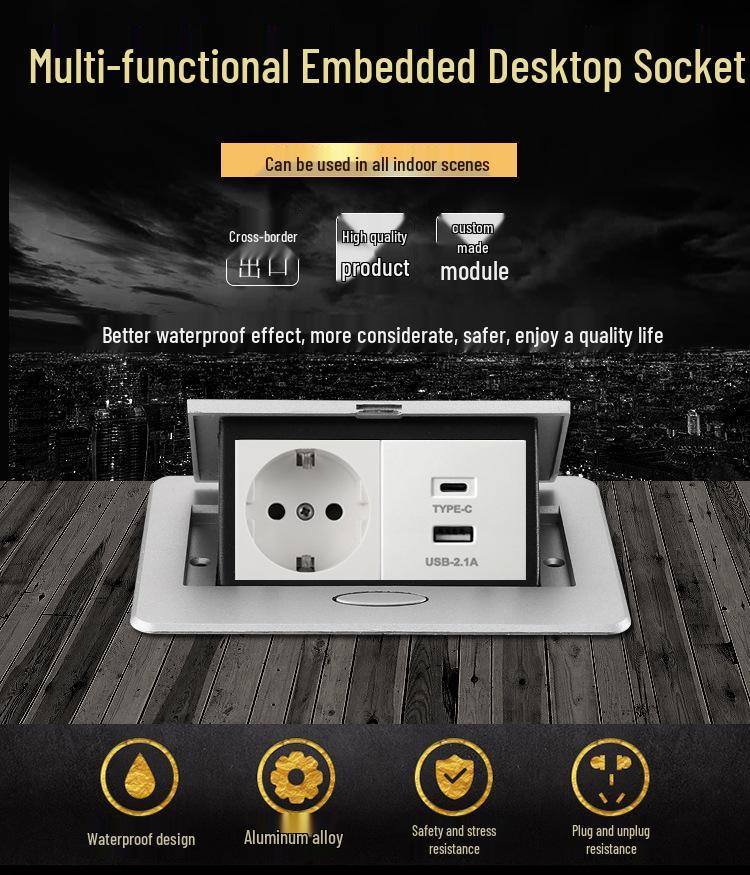 Pop-up 13A/16A Multi-functional Three-hole Desktop Socket with USB-C