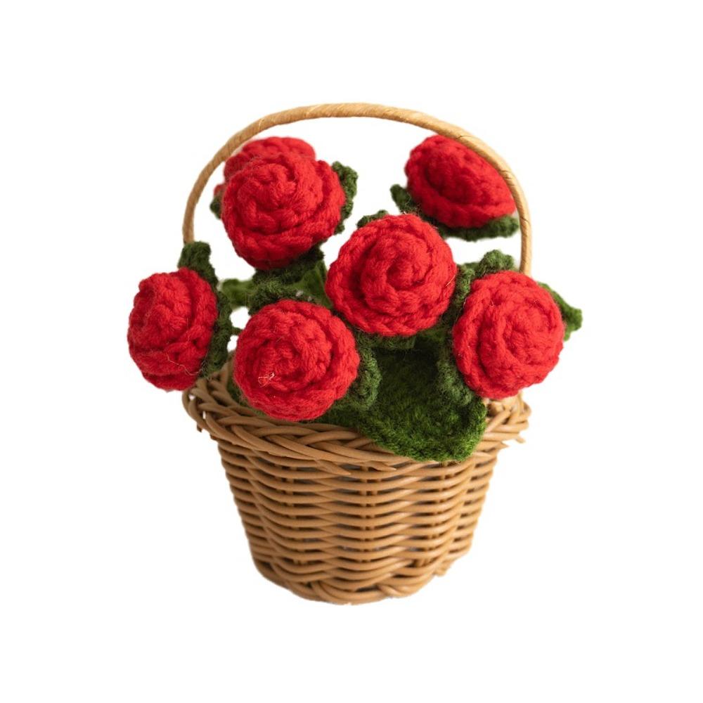 Woven Finished Knitted Flowers Handmade Puff Flower Potted Ornament Office Desktop Decoration