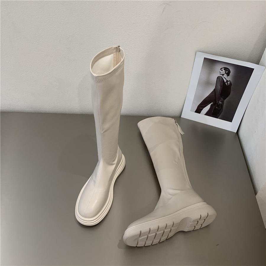 Круглый носок зимняя обувь до колена с высоким голенищем из кожи длинные элегантные туфли на низком каблуке для женщин женские сапоги белые по акции pu