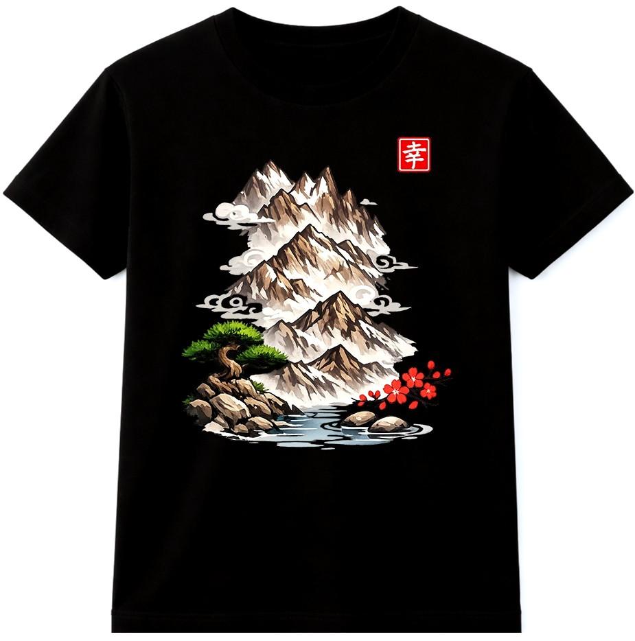 Japanese Mountain T Shirt Sakura Bonsai Landscape Art Graphic Tee Vintage Style