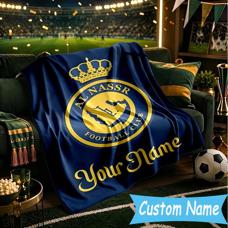 Custom Name Al-Nassr Football Club Flannel Blanket, Use for Birthday/Holiday Gift, Soft Blanket for Sofa/Bed/Camping/Office, Home Decor