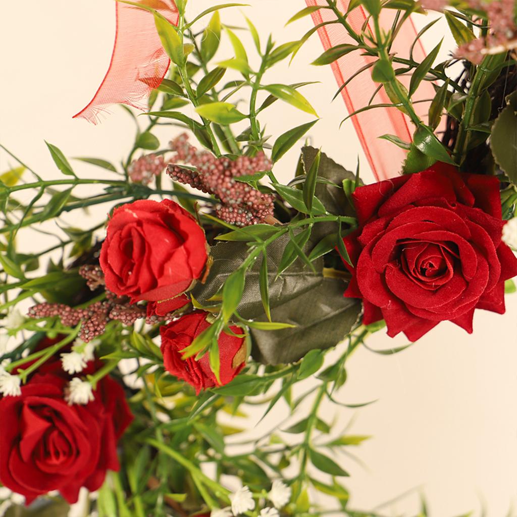 Artificial Heart Shaped Rose Wreath Ribbon Simulated Spring Floral Wreaths for Front Door Wedding Decor Photo Props 40cm