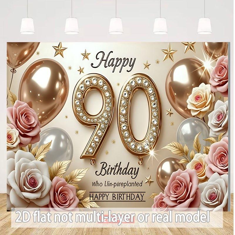 90th Birthday Party Backdrop Polyester Banner Photo Booth Decoration