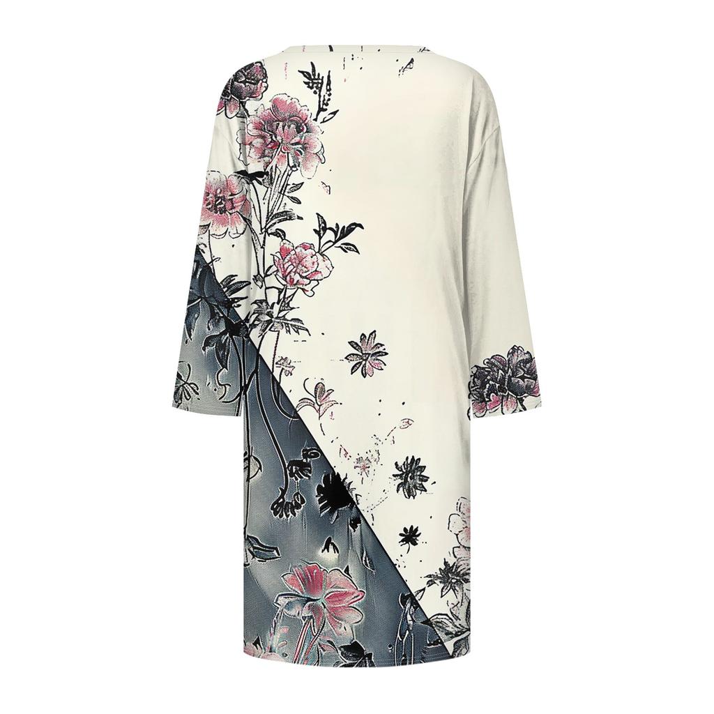 Summer Dresses For Women 2024 Fashion Casual Printed Loose V Neck 3/4 Sleeve Dress