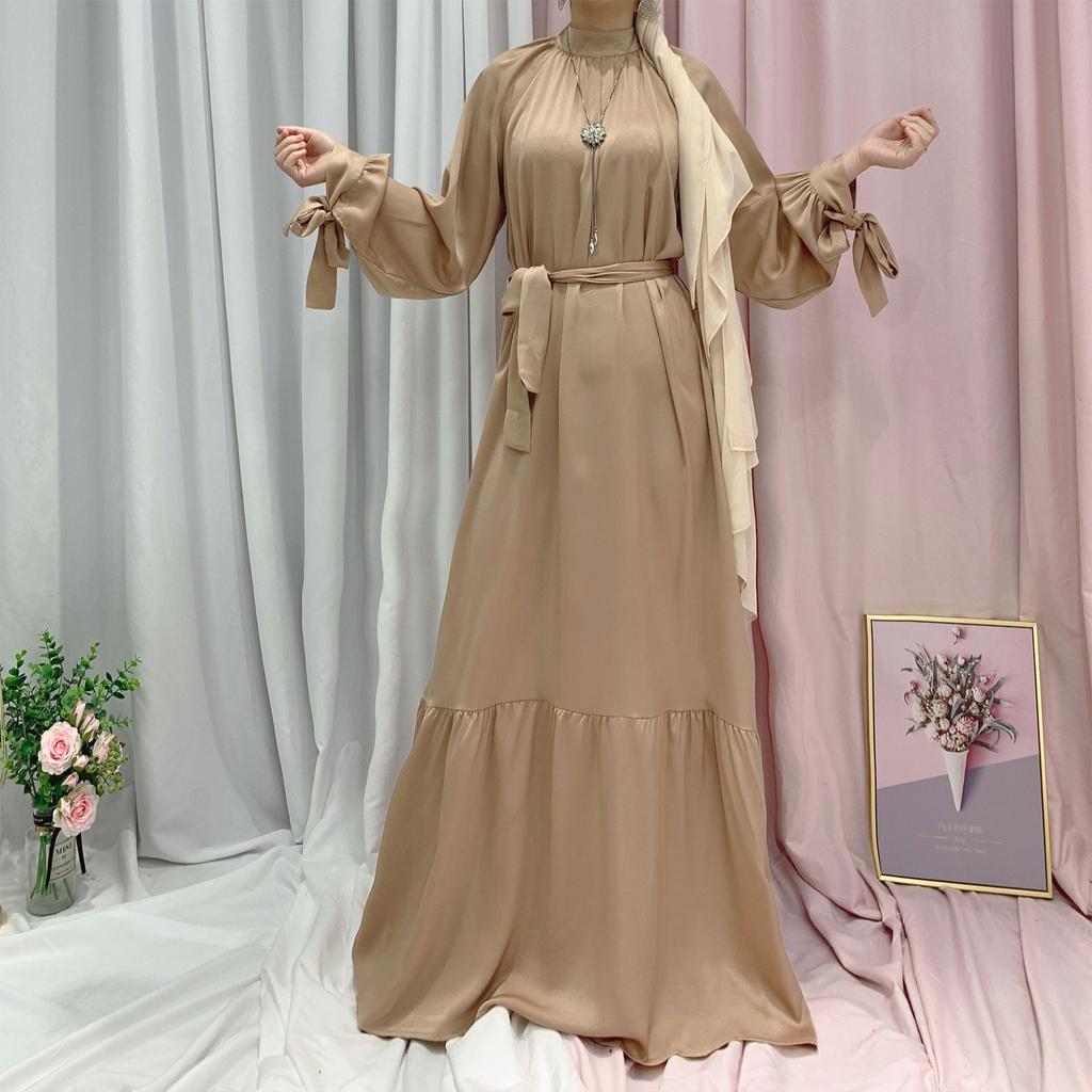 Модное мусульманское платье с длинным рукавом, однотонное, элегантное, женская скромная одежда, шнуровка, турецкий кафтан, одежда для Ид