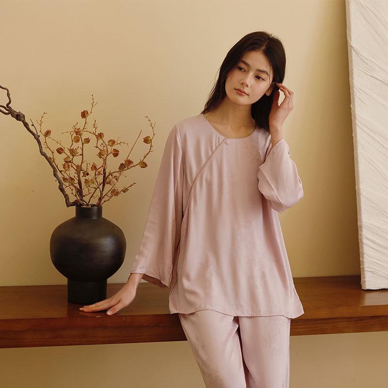 Spring new women's four seasons cotton satin solid color jacquard antique pullover pajamas set loungewear