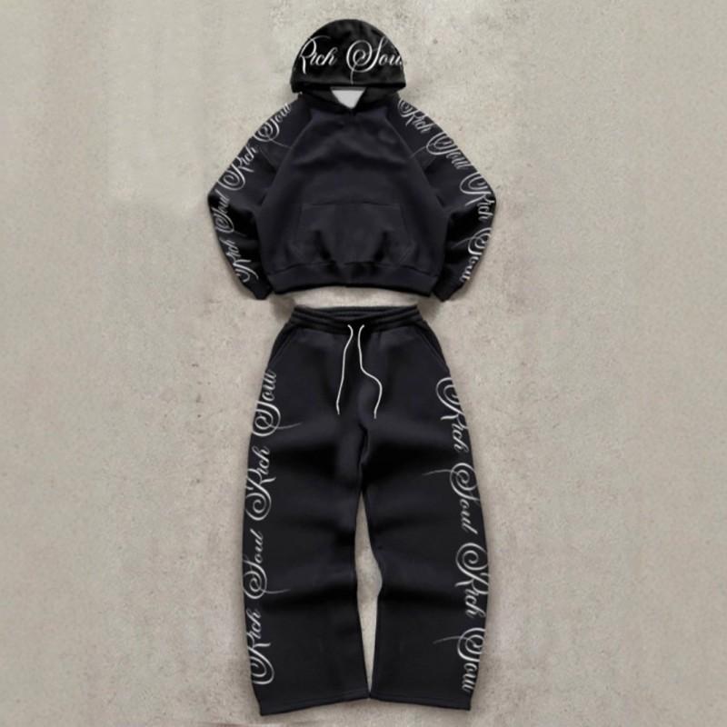 2-Piece Womens Streetwear Set Hooded Zip Sweatshirt Pants Floral Letter Print Sporty Outfit