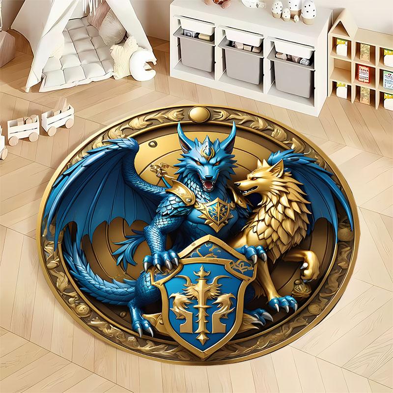 Majestic Dragon and Wolf Round Fantasy Rug round carpet for home sofa bedroom, gift