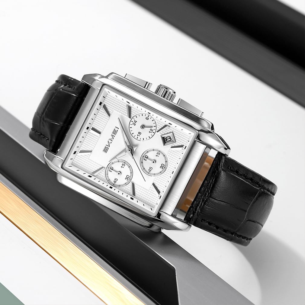 SKMEI Квадратные часы с черным кожаным ремешком Стильные Роскошные Серебристые часы Идеально подходят для подарков Мужской ремешок, Хронограф, Водонепроницаемые, Аналоговые, Деловые/Повседневные,