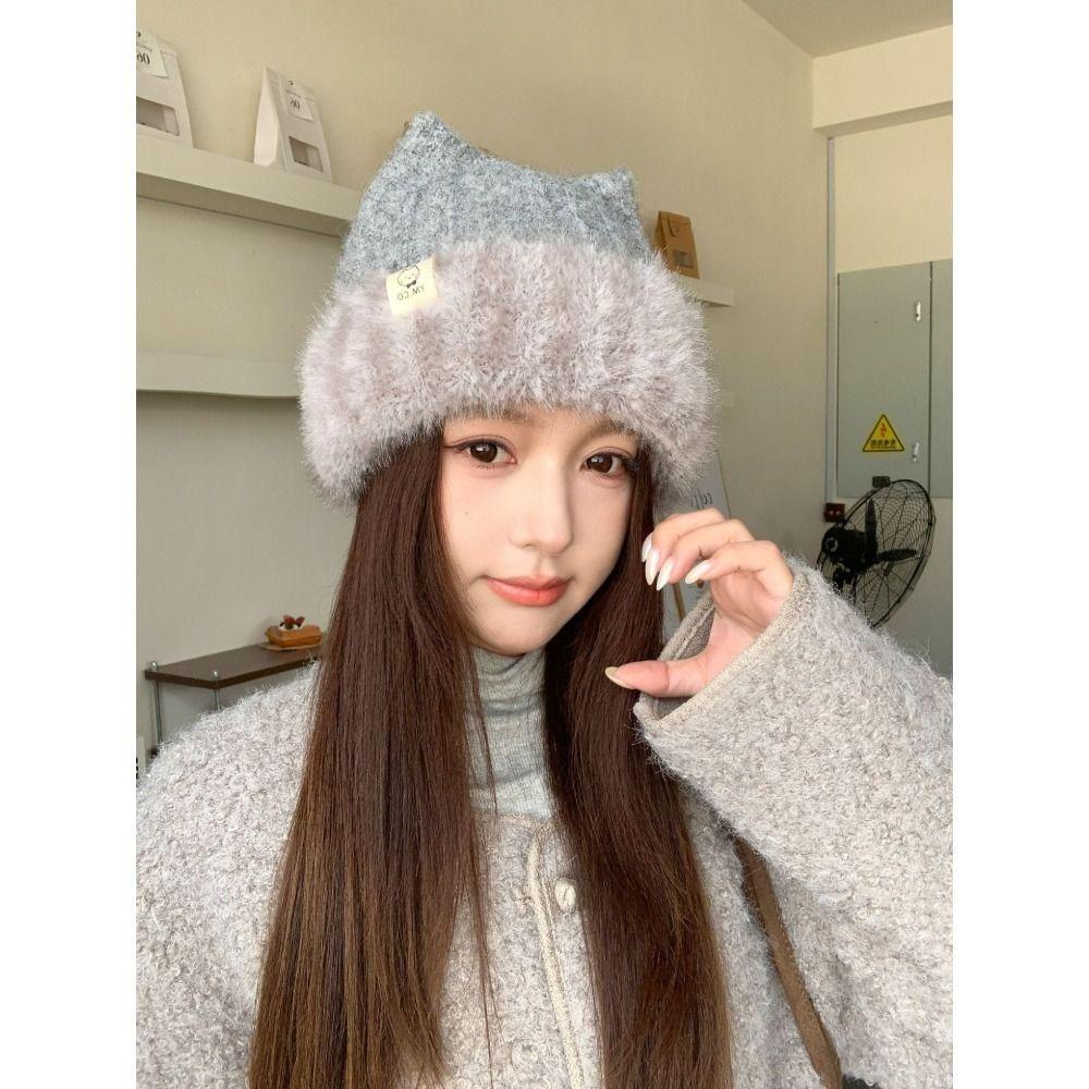 Faux Rabbit Fur Ear Protection Hat Warm Fluffy Cat Ear Beanie Cozy Knitted Beanie Hat For Women