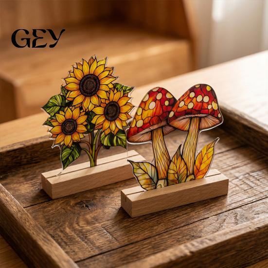 Nature Inspired Desktop Ornament Decoration Ornaments with Solid Wood Base, Acrylic Stained Scratch-resistant Decor Glass Style Double Sided