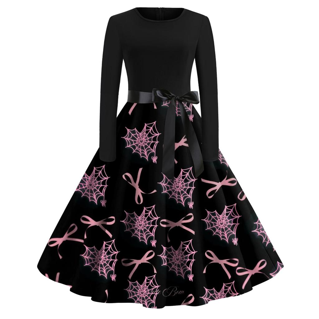 Женское платье с круглым вырезом и большим подолом, плиссированная юбка с длинными рукавами, платье