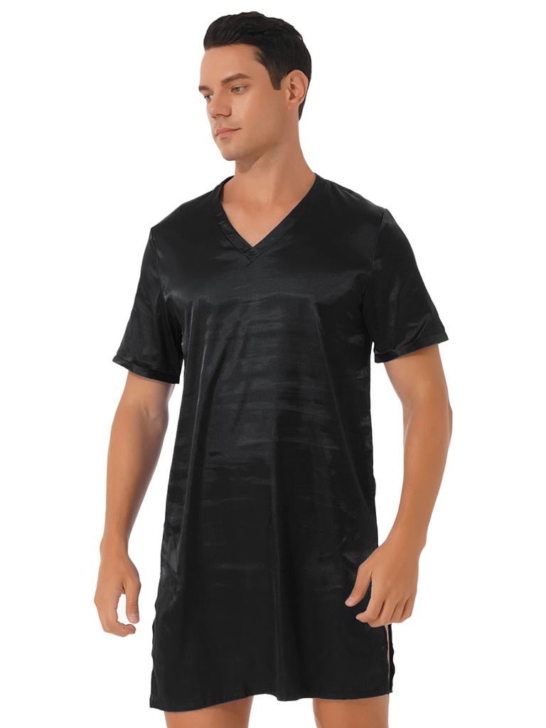 Мужская атласная ночная рубашка с V-образным вырезом и коротким рукавом, одежда для сна, домашняя одежда, ночная рубашка, пижамы