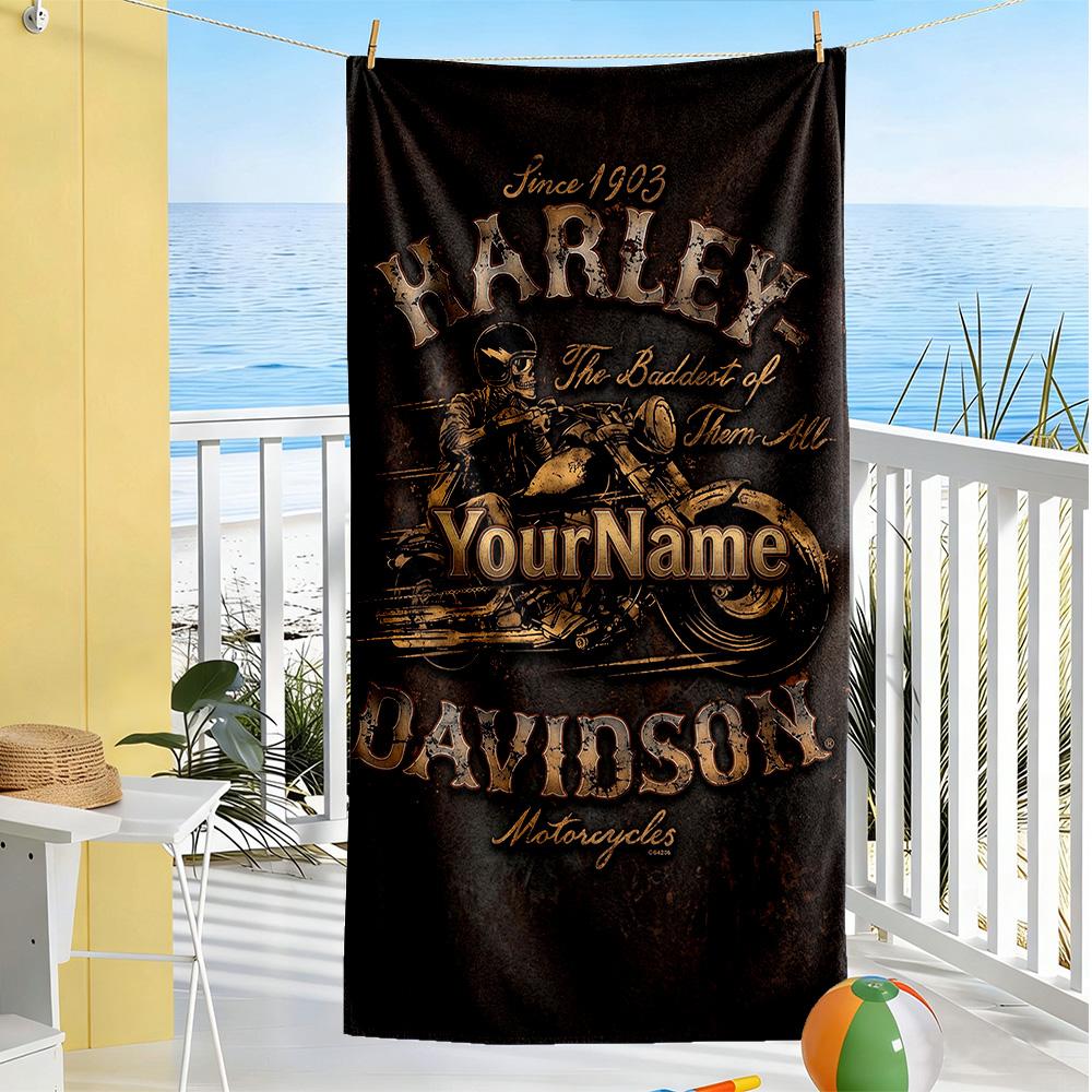 Harley-davidson Motorcycles Customize Text Beach Towel Quick-Dry Soft Microfiber Suitable for Sports Travel Swimming Yoga Bathroom Beach And Pool
