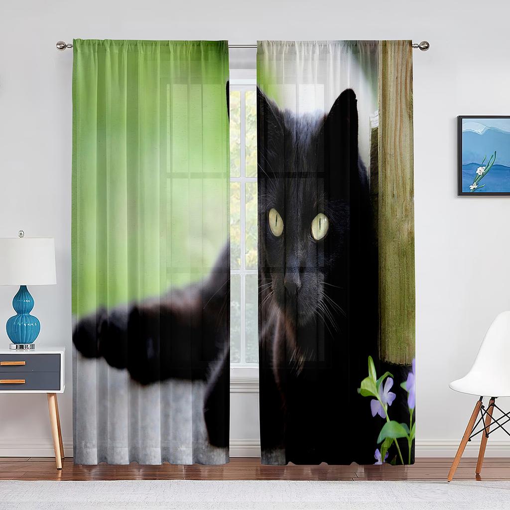 Черная кошка, большие глаза, животные, серые тюлевые шторы для гостиной, украшения спальни, прозрачная шифоновая прозрачная вуаль, оконная занавеска