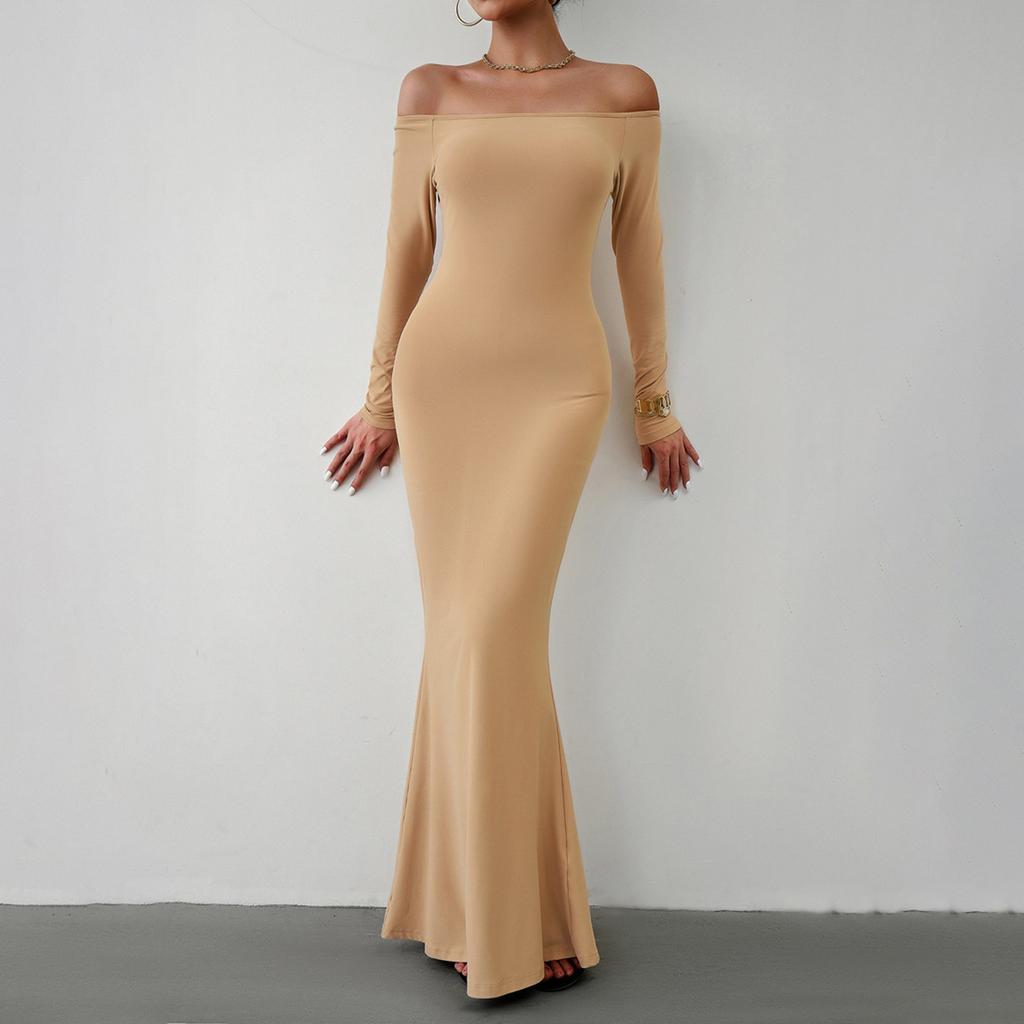 Женская мода однотонное сексуальное трикотажное платье с длинными рукавами и разрезом на плечах