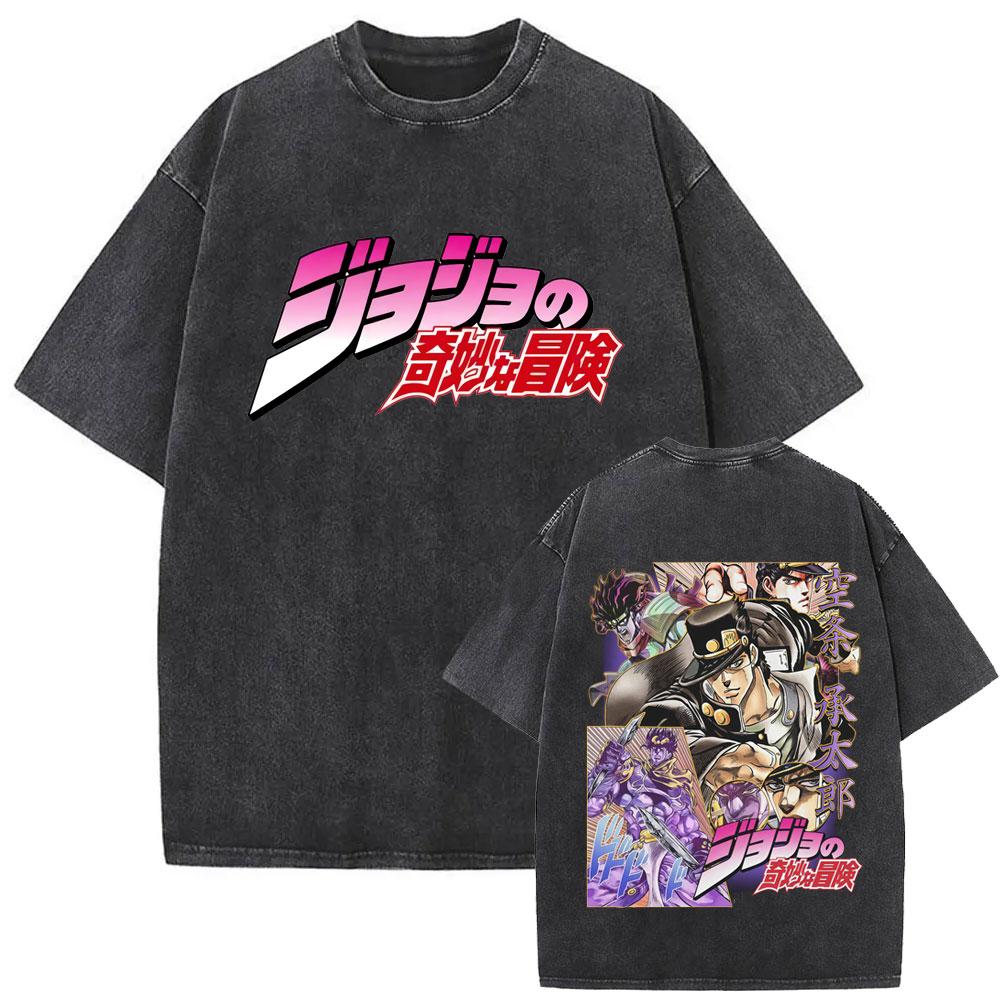 Стирка Винтаж Аниме JoJo's Bizarre Adventure Джозеф Джостар Цезарь Антонио Цеппели Принт Футболка Мужская Мода Мультяшная Футболка Топ