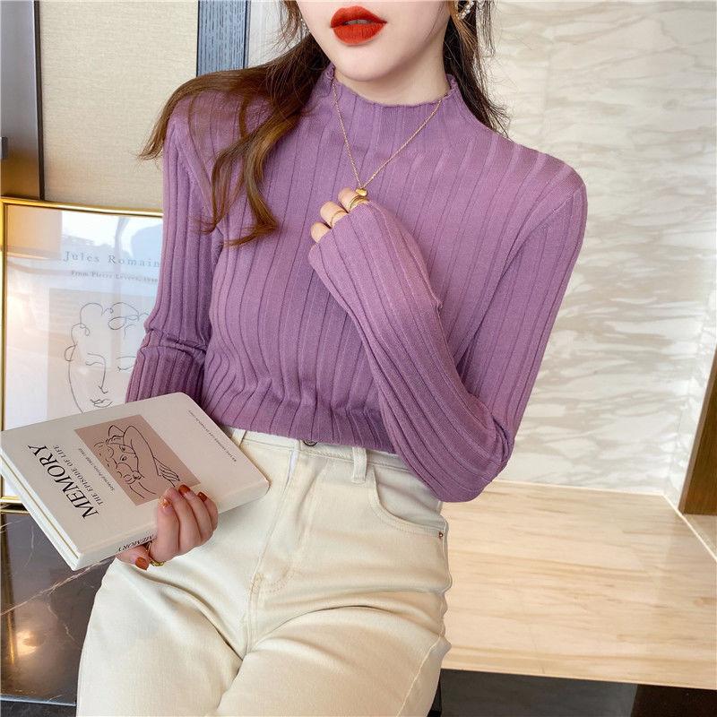 Half Turtleneck Sweater for Women Casual Warm Pullover and Slim Solid-color Knitted Sweater for Autumn and Winter