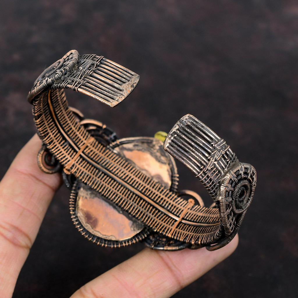 Медный браслет-манжета с серафинитом, браслет из медной проволоки, цветочные украшения, регулируемый браслет-манжета, ювелирные изделия ручной работы из драгоценных камней, подарок для женщин