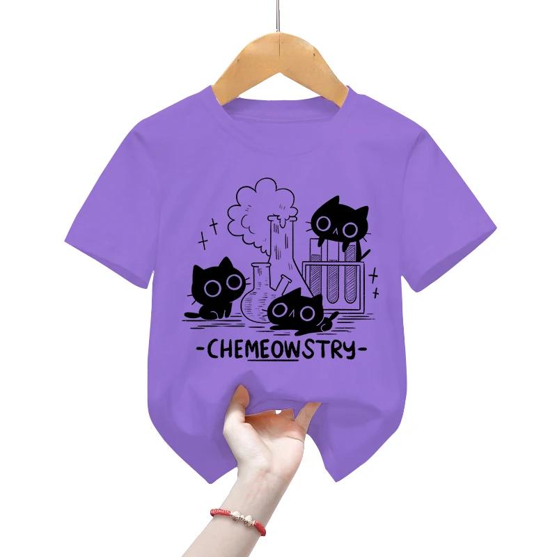 Классические детские футболки Chemeowstry, детская футболка с изображением науки, химии, футболка для мальчиков и девочек, милая детская футболка с черным котом