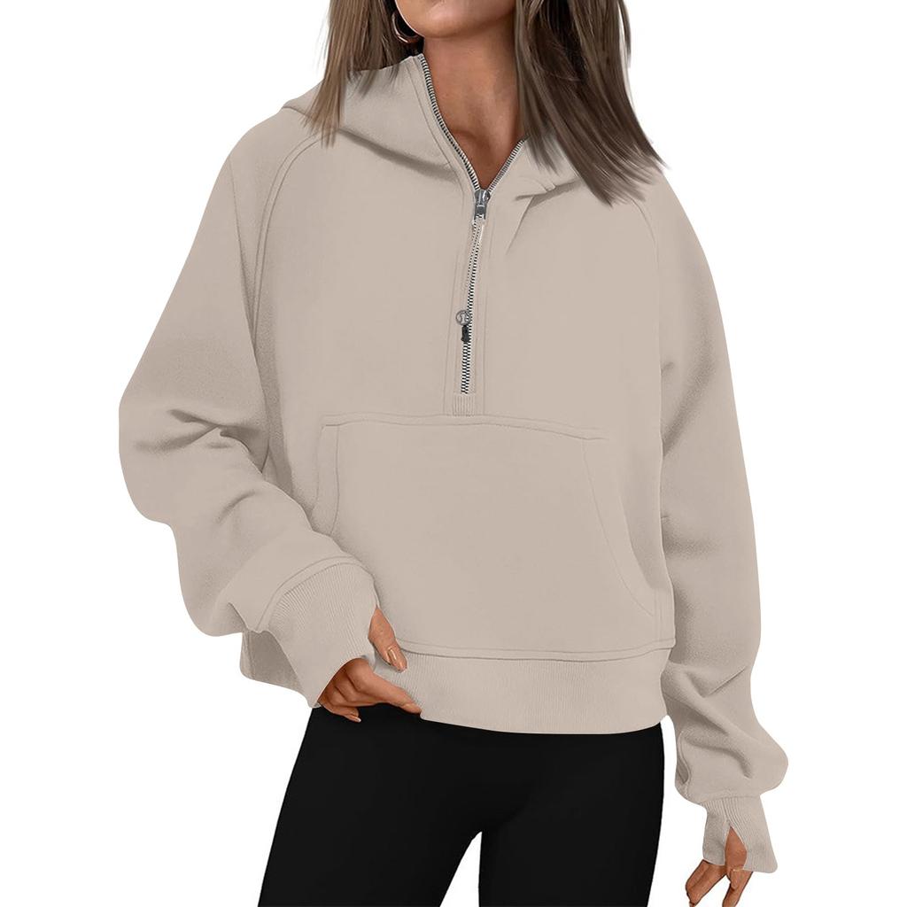 Women's Hoodies Solid Color Loose Short Half Zip Pockets Thumb Hole Long Sleeve  Pullover Sweatshirts