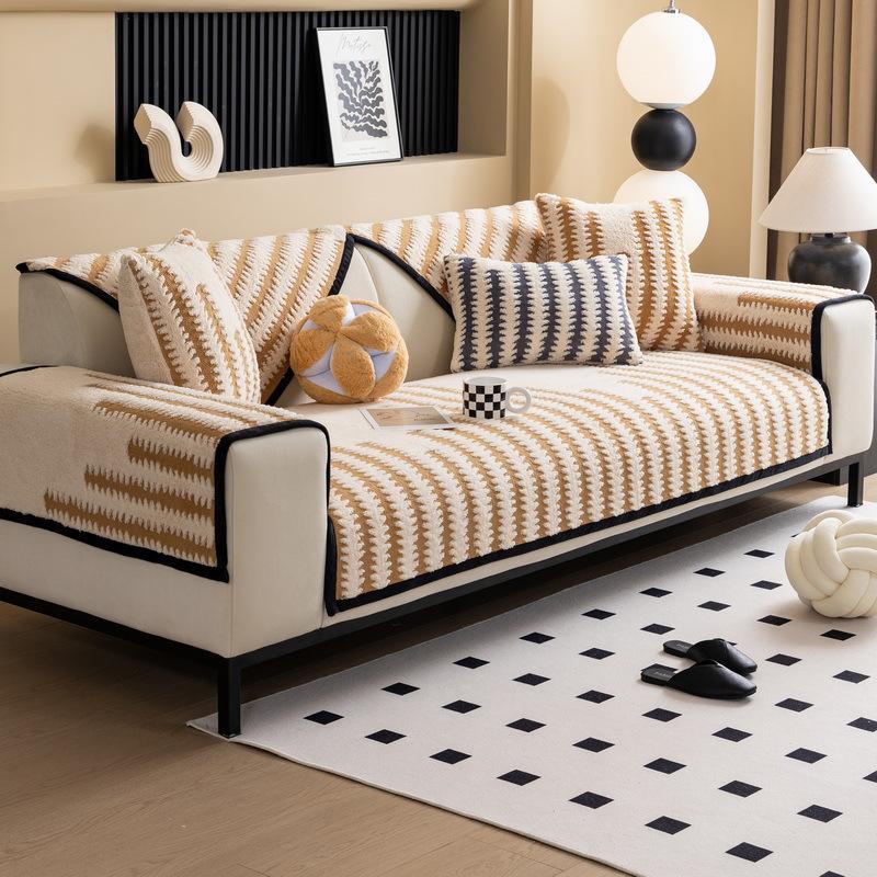 Sofa Cushion New Thousand Bird Grid Thickened Plush Seat Cushion High-End Non-Slip Leather Sofa Cover Winter Cover