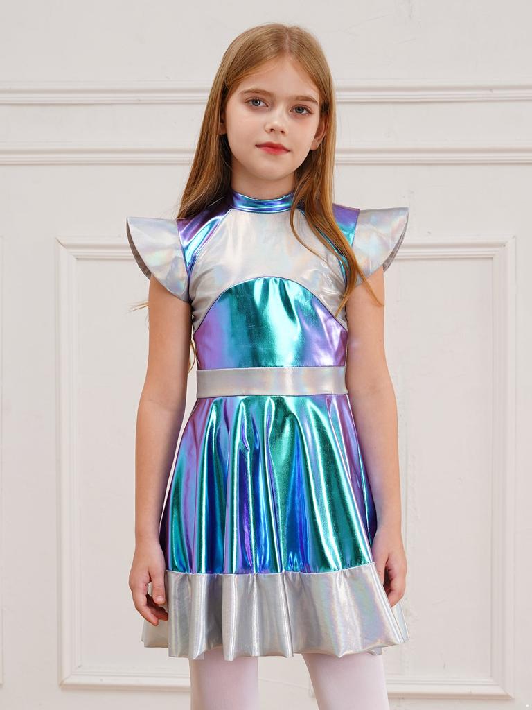 Girls Halloween Alien Cosplay Costume Glossy Outer Space Cutie Costume Roly Play Dress Fancy Dress Up Theme Party Performance