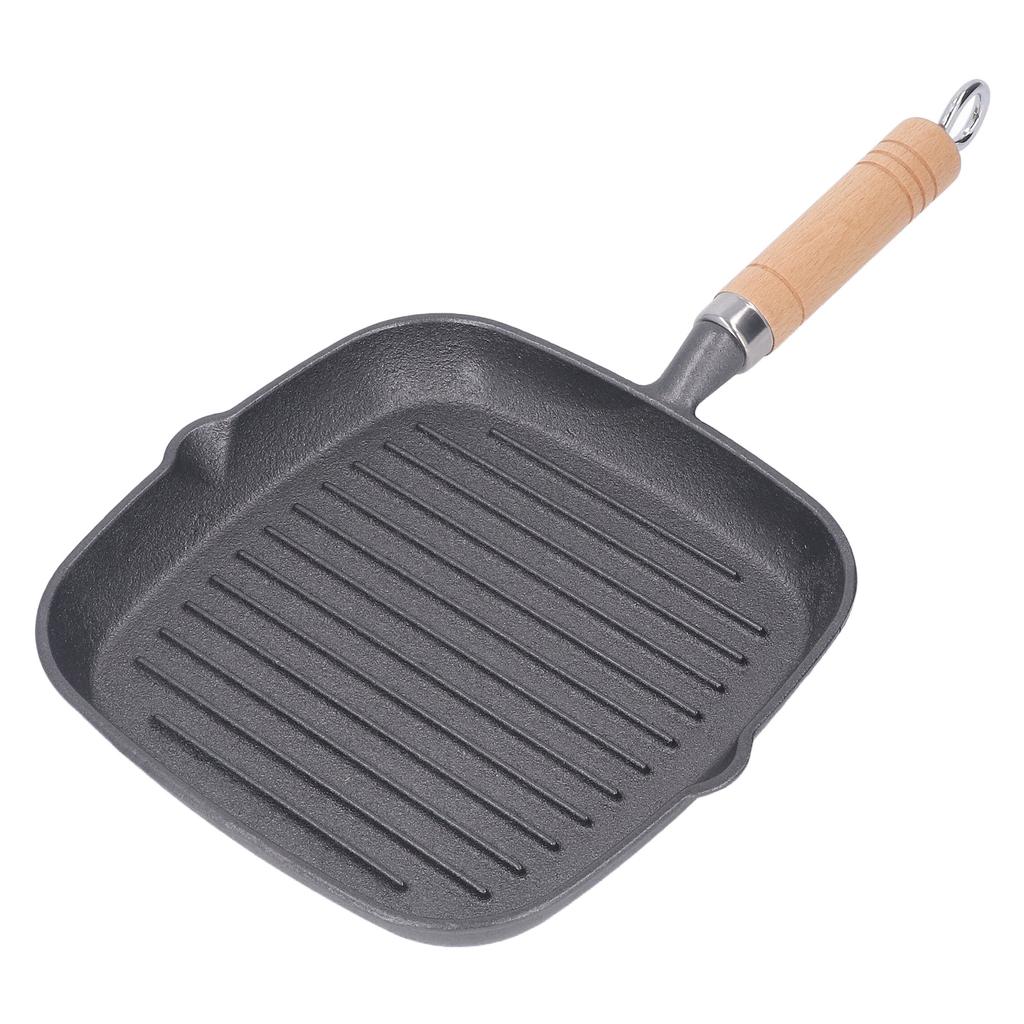 Grill Pan Multipurpose Prevents Stick Quadrate Cast Iron Steak Pan with Wooden Handle for Bacon