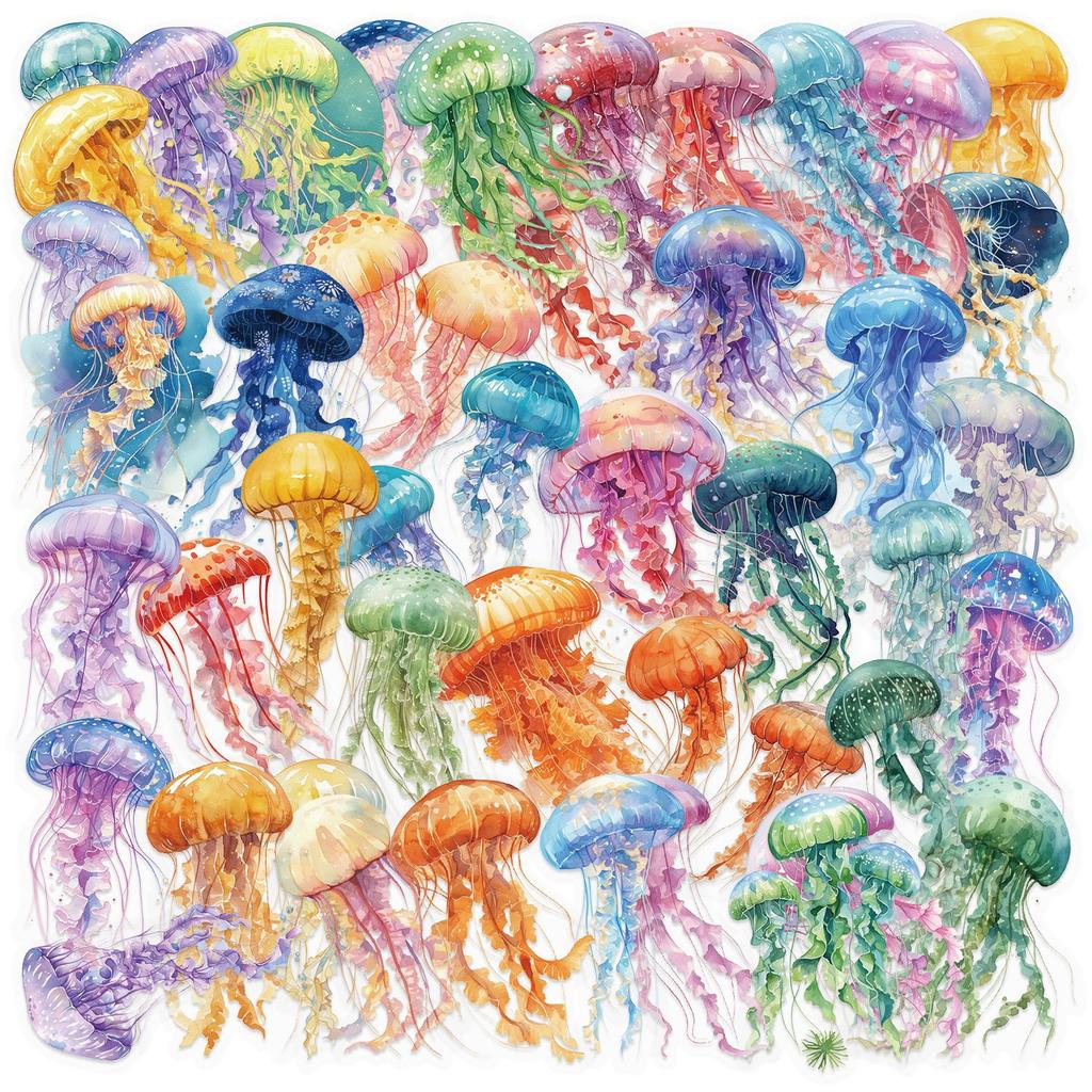 50Pcs/Set Colorful Jellyfish PET Clear Stickers Waterproof DIY Fashion Doodle Decals Stickers (2 Styles)