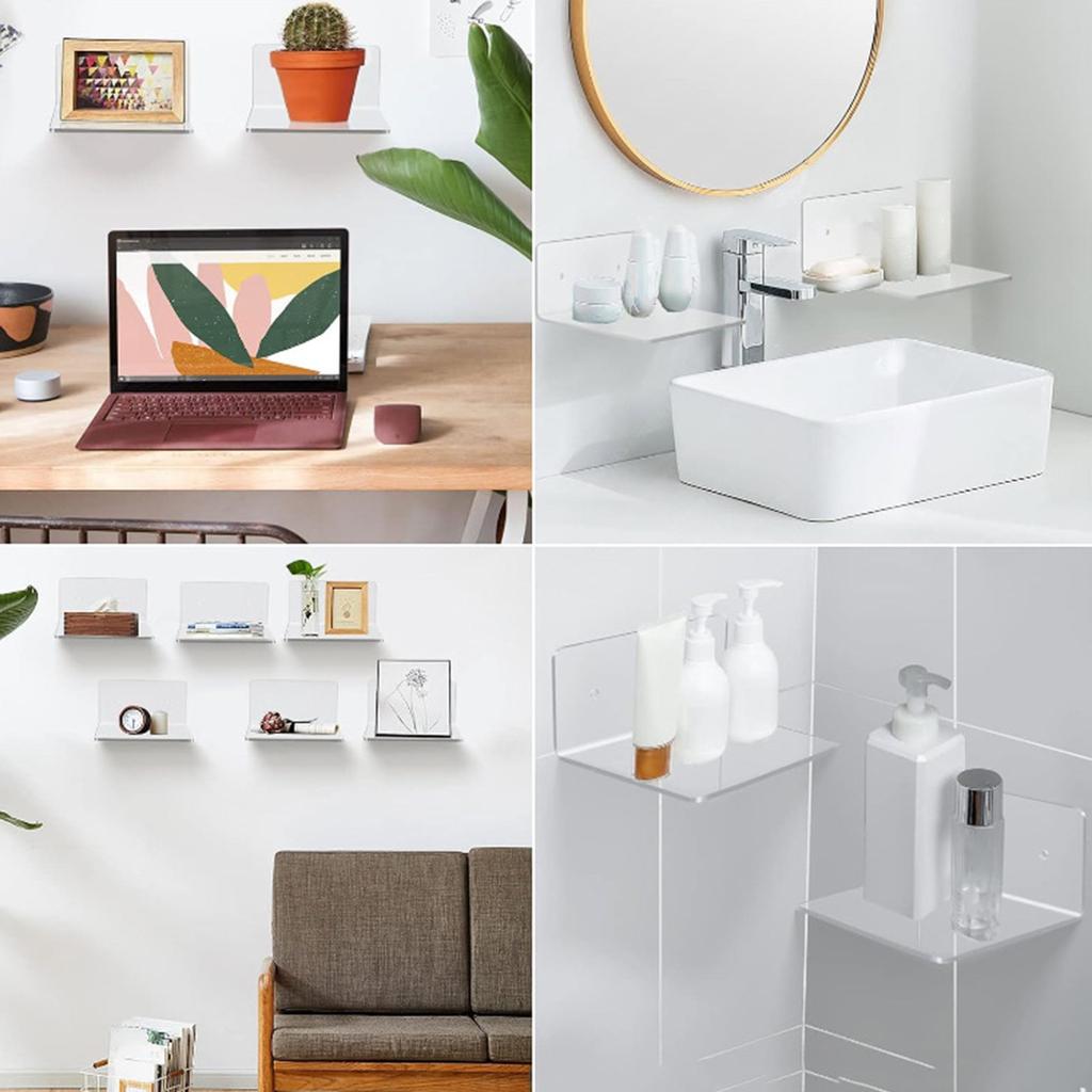 Clear Acrylic Floating Shelves Adhesive Display Shelf with Cable Clips Floating Stylish Storage Rack for Living Room