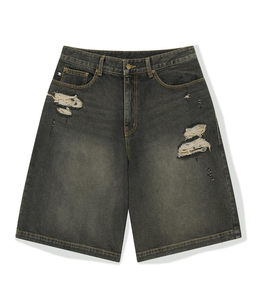 WKNDRS [Koin Seoul] Damaged Skull Denim Shorts (Black)