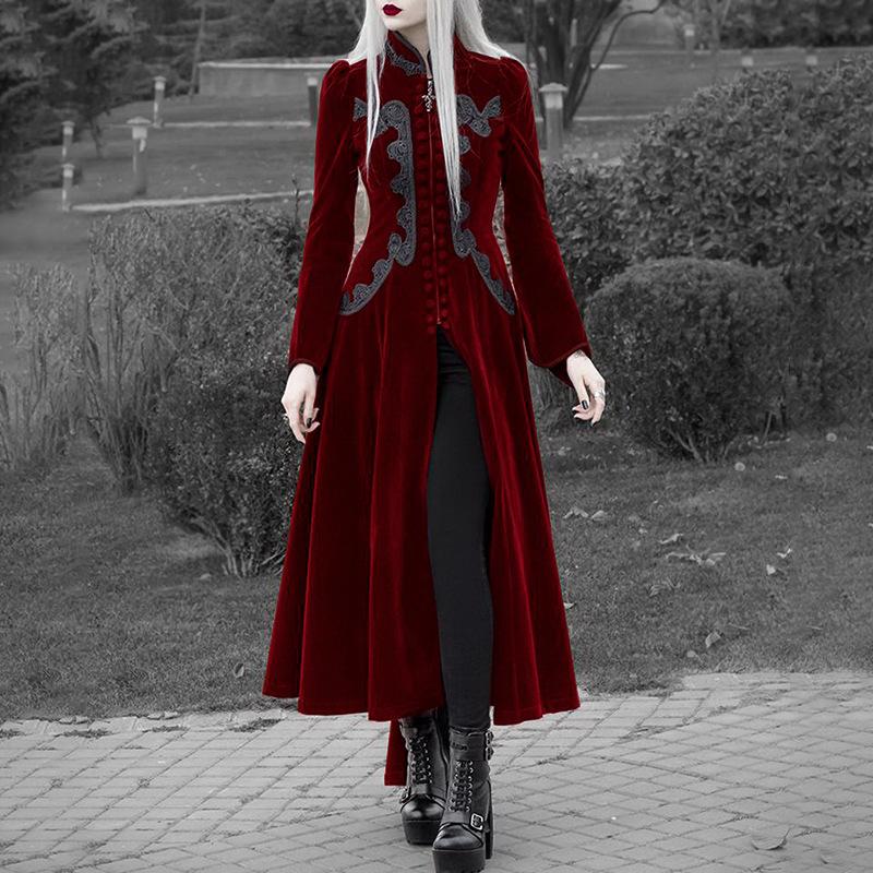 FiveFive Autumn Winter Trench Coat Outerwear Medieval Cosplay Costume Women Fashion Long Sleeve Velvet Tailcoat Jacket Vintage Gothic Long Dress Coat