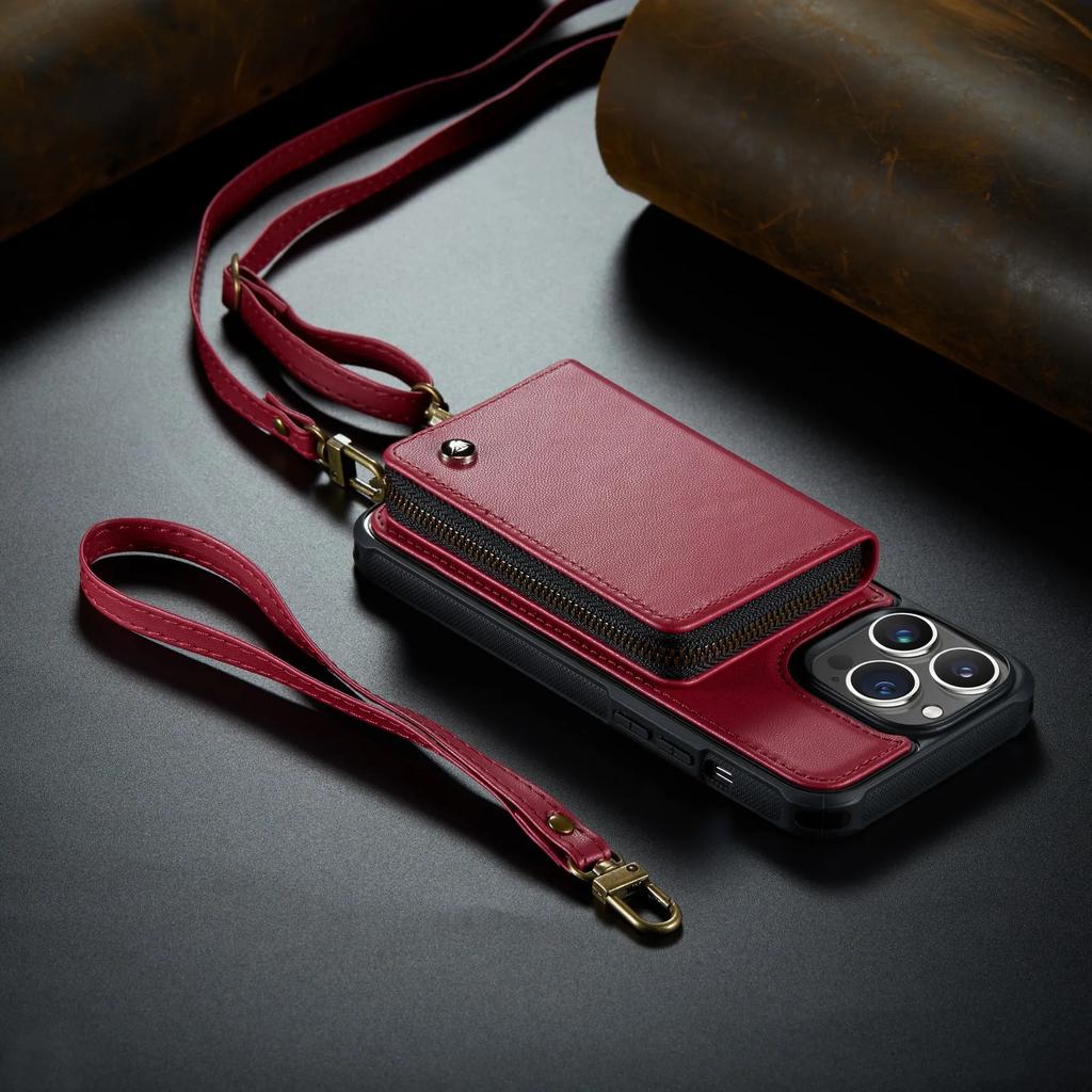 Zipper Leather Wallet Phone Case For iPhone 16 Pro Max 14Plus 14 15 13 12 11 Cards Holder Solt Stand Hand Strap Back Cover Coque