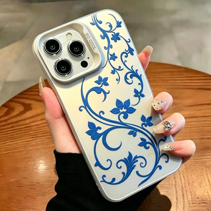 Фиолетово-синий чехол для телефона с цветочной лозой для iPhone 17 Air 16 Pro Max 16E 15 14 Plus 13 12 11 XS XR Гальванизированная серебристая задняя крышка