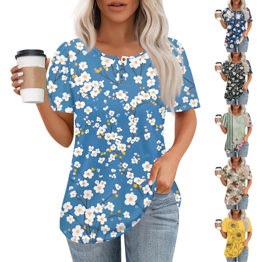 Женский модный повседневный короткий рукав пуловер с принтом на пуговицах и круглым вырезом