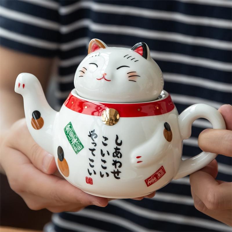 Милый японский фарфоровый чайный сервиз Lucky Cat, креативная керамическая чашка Maneki Neko, чайник с ситечком, офисный чайник, кружка для воды