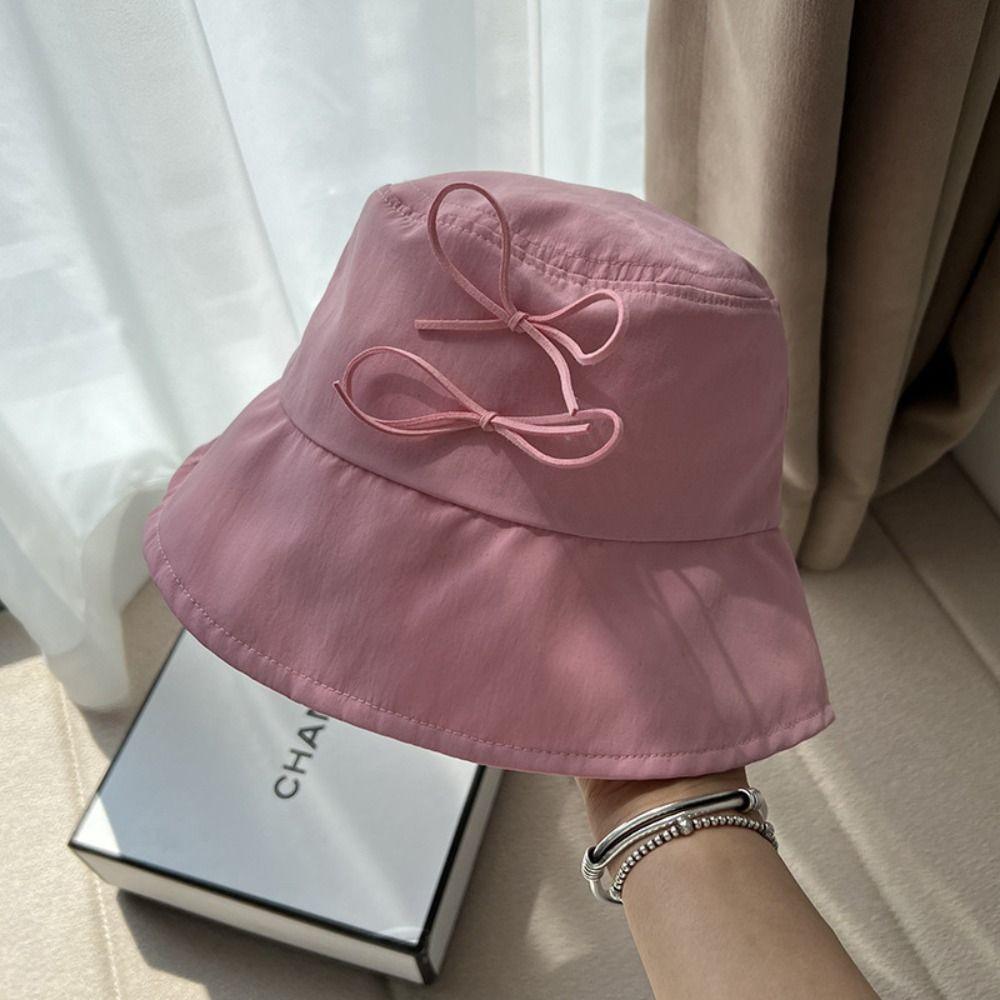 Wide Brim Bow Bucket Hat Sunscreen Canvas Basin Hat Camping Bowknot Fisherman Hat Camping