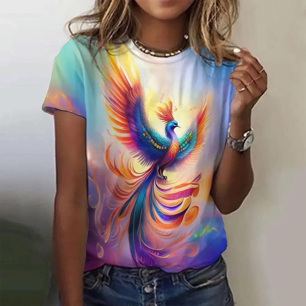 Летняя женская футболка с модным узором «Феникс», топ с короткими рукавами, свободный топ с круглым вырезом, женская футболка для вечеринок