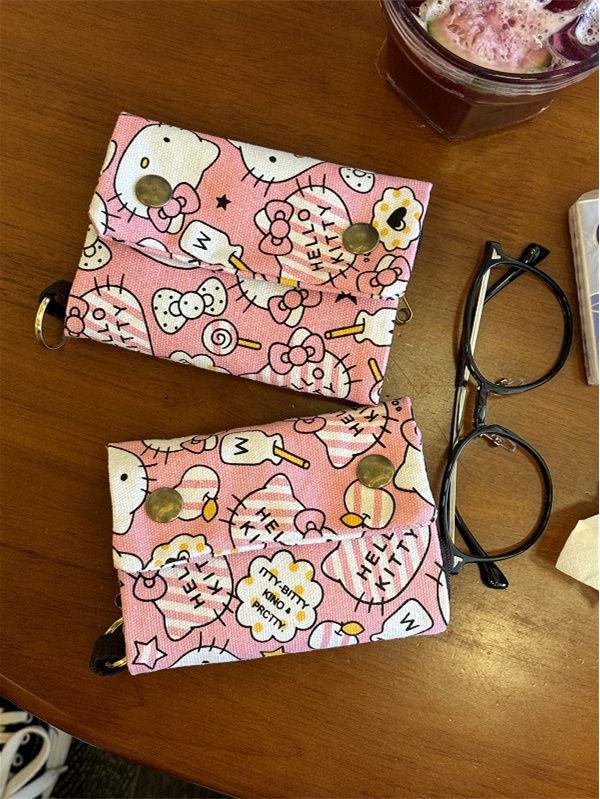 Korean-Style Hello Kitty Canvas Wallet & Key Holder: Cute Cartoon Design, Multifunctional Coin Purse & Card Holder.