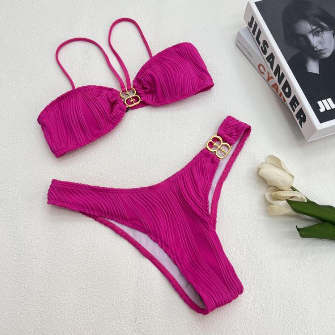 Multicolor Metal Buckle Bikini Swimsuit - European & American Style, Small Chest, Split Design for Women