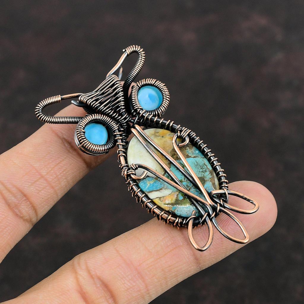 Подвеска из медной бирюзы Spiny Oyster, подвеска из медной проволоки с драгоценным камнем, подвеска синего цвета от сглаза, подвеска в виде совы, ювелирные изделия из меди ручной работы