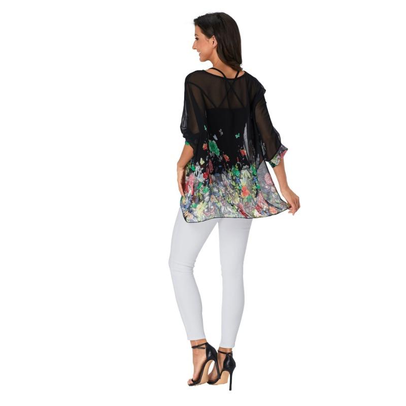 Шифоновая блузка в богемном стиле с цветочным принтом, повседневная блузка с рукавами «летучая мышь», хиппи, полупрозрачные свободные топы