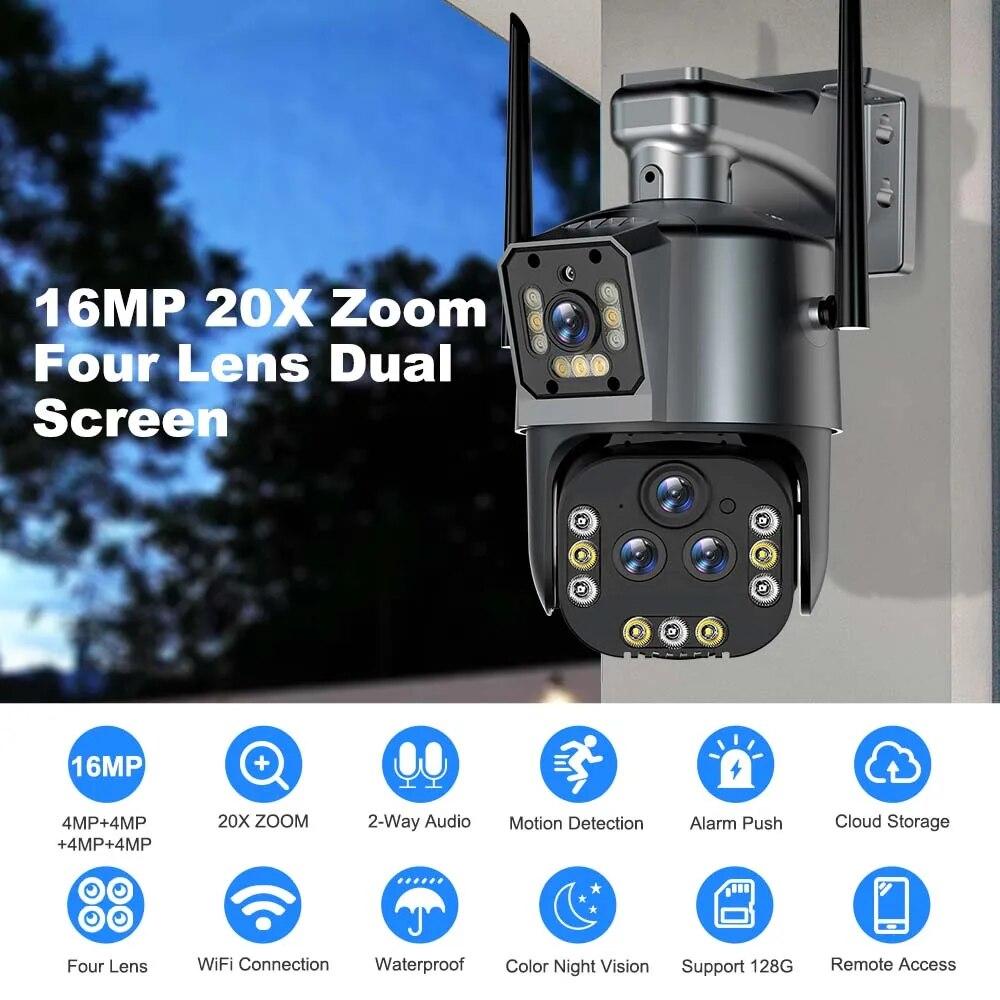 16MP 8K Wifi IP Camera 20X Zoom Four Lens Outdoor Wireless Security Camera PTZ 360 Smart Home Security Protection CCTV Wifi Surveillance Cameras