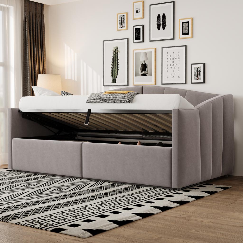 Upholstered Bed Sofa Bed 90*200 cm, With Hydraulic Storage, With Slatted Frame and Armrests, Classic Striped, Single Bed, Velvet Fabric, Light Grey