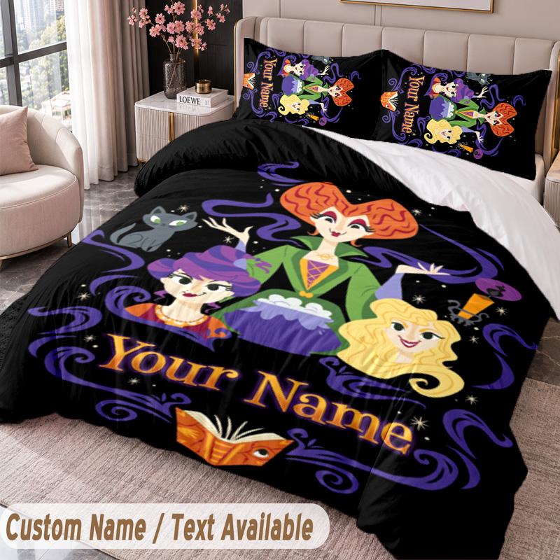 Custom Name Text 3Pcs Bedding Set Hocus Pocus Sanderson Sisters Duvet Cover And Two Pillowcases