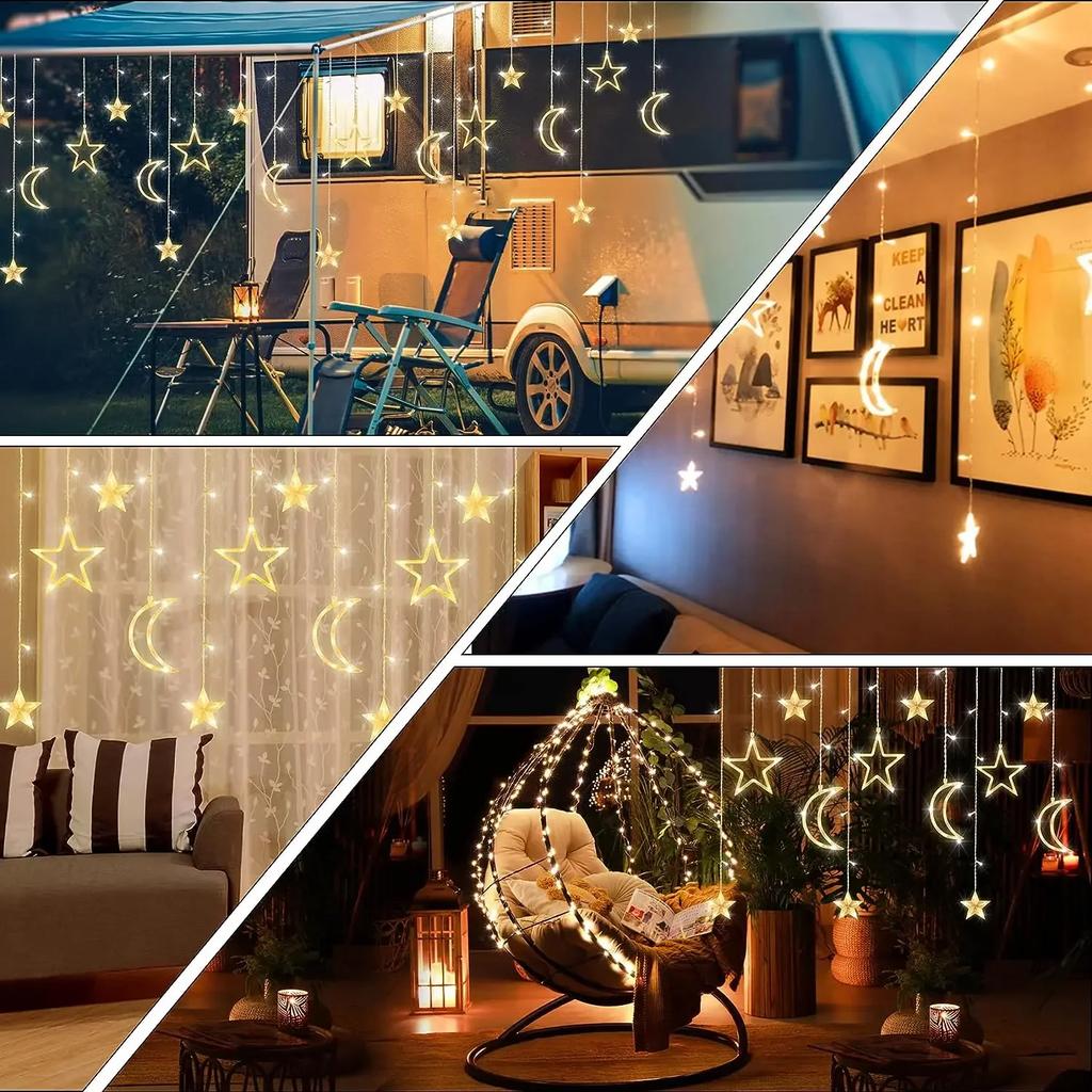 Solar/Battery Powered Star Moon String Lights LED Fairy Curtain Lamp 8 Modes Waterproof For Home Room Christmas Party Glow Decor