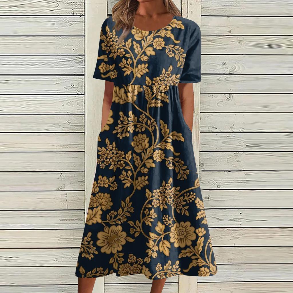 Жен. Повседневные платья Платья с принтами Летние платья С принтами Плиссированные платья-миди с круглым вырезом Классический Классический На открытом воздухе Повседневные С короткими рукавами Свободные платья