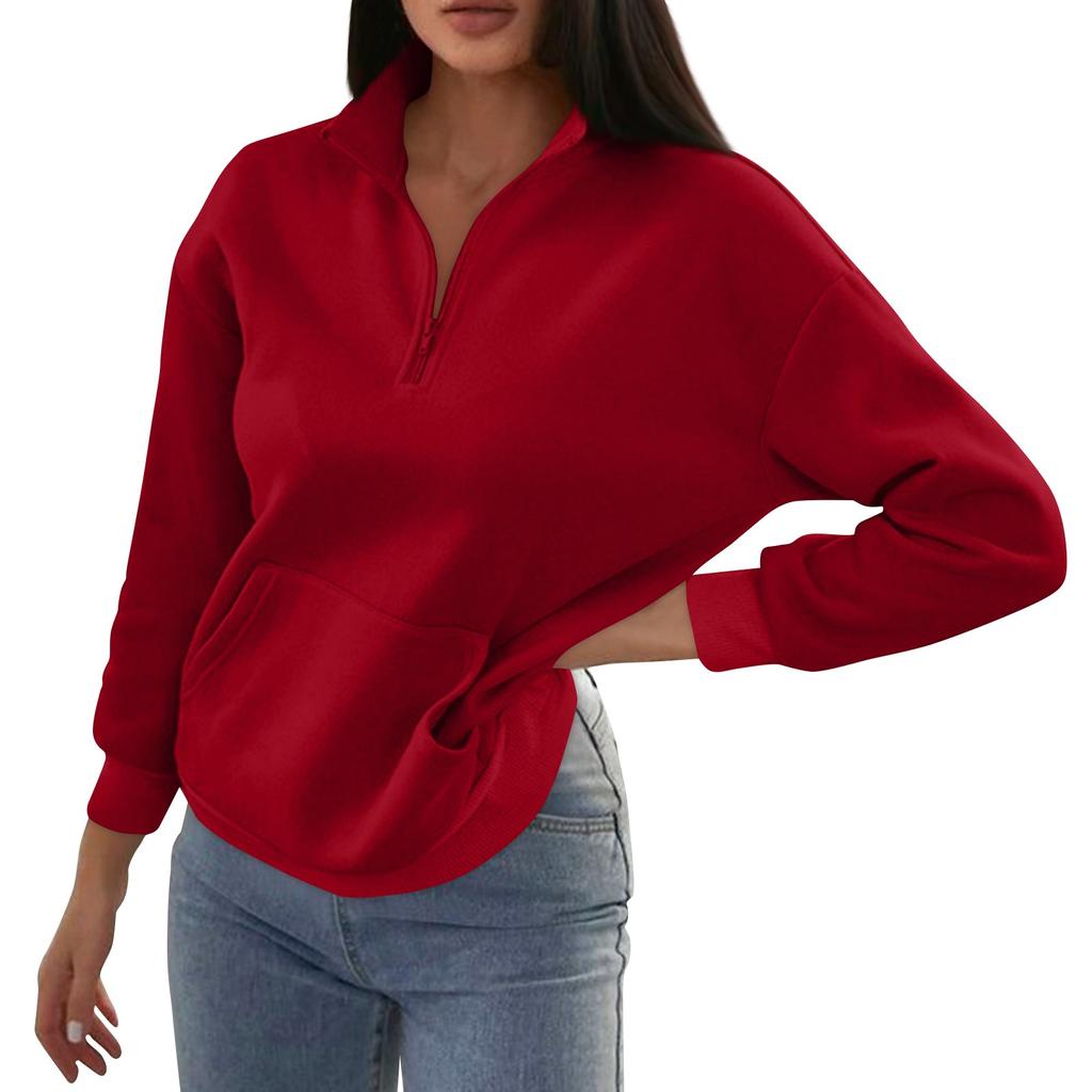 Women's Fashion Autumn And Winter Solid Colour Zipper Pocket Standing Collar Casual Sweatshirt