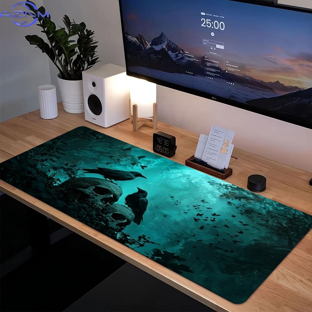 Dark Gothic Raven Skull Extended Gaming Mouse Pad Non Slip Desk Surface Mystic Night Horror Skeleton Print For Gaming And Office