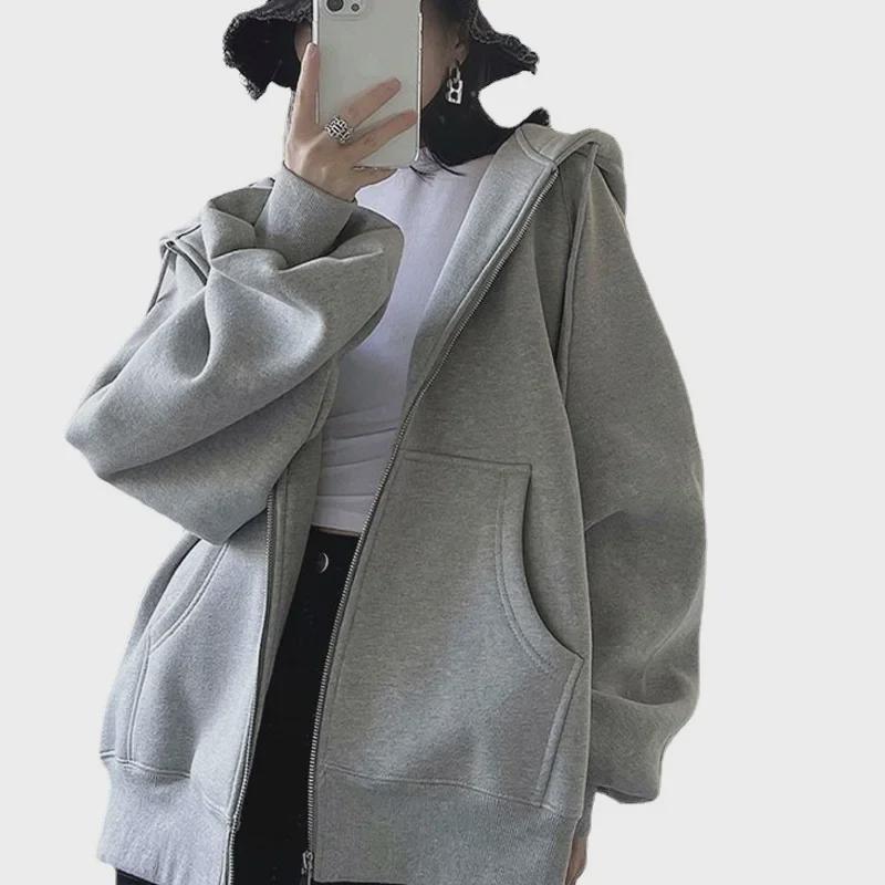 Унисекс толстовка с капюшоном на молнии серого цвета 2025: Тонкая, Свободная, Повседневная Осенняя Куртка